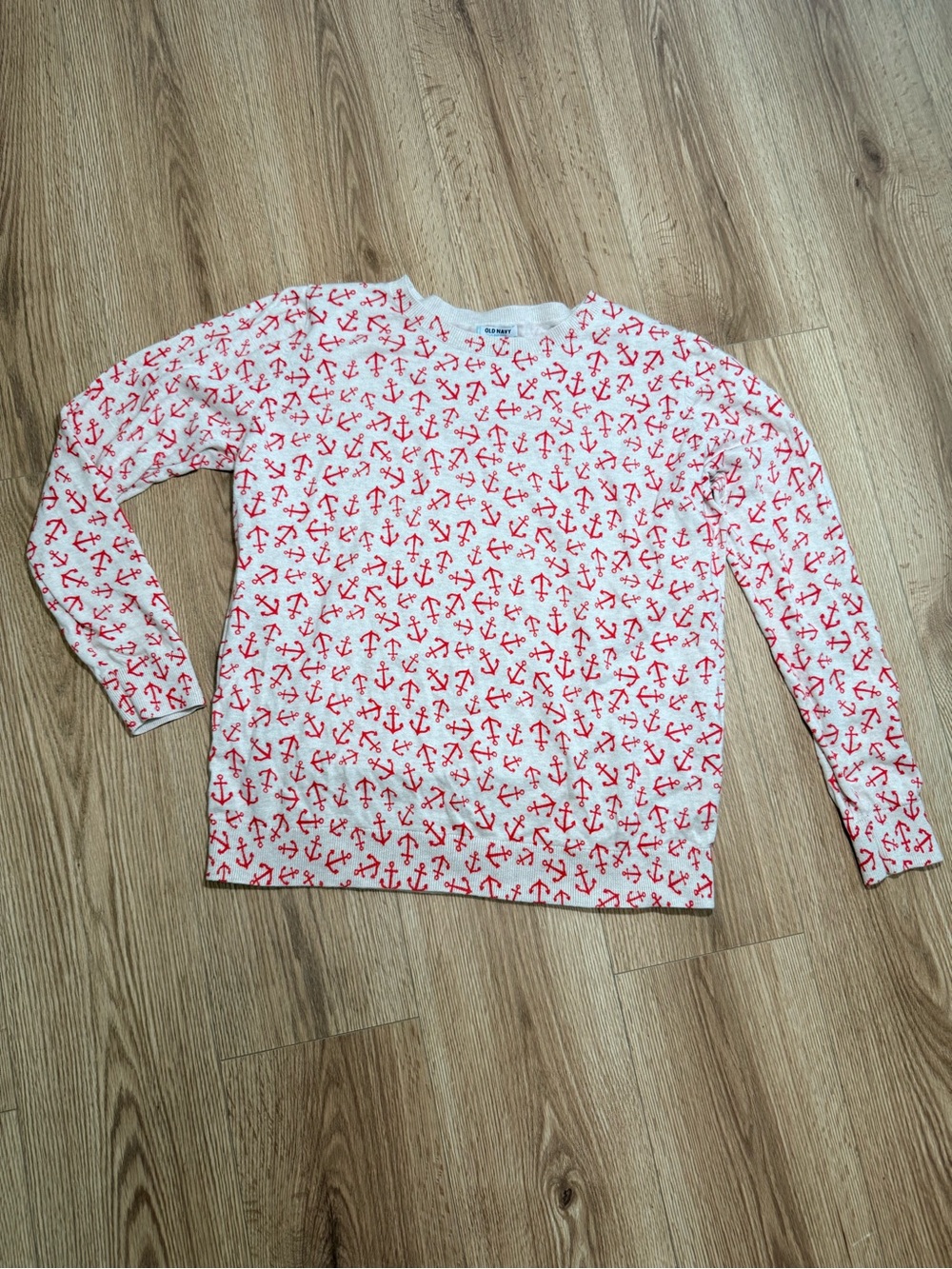 Old Navy Womens Anchor Print Crewneck Sweater Cream Red Nautical Cotton XL